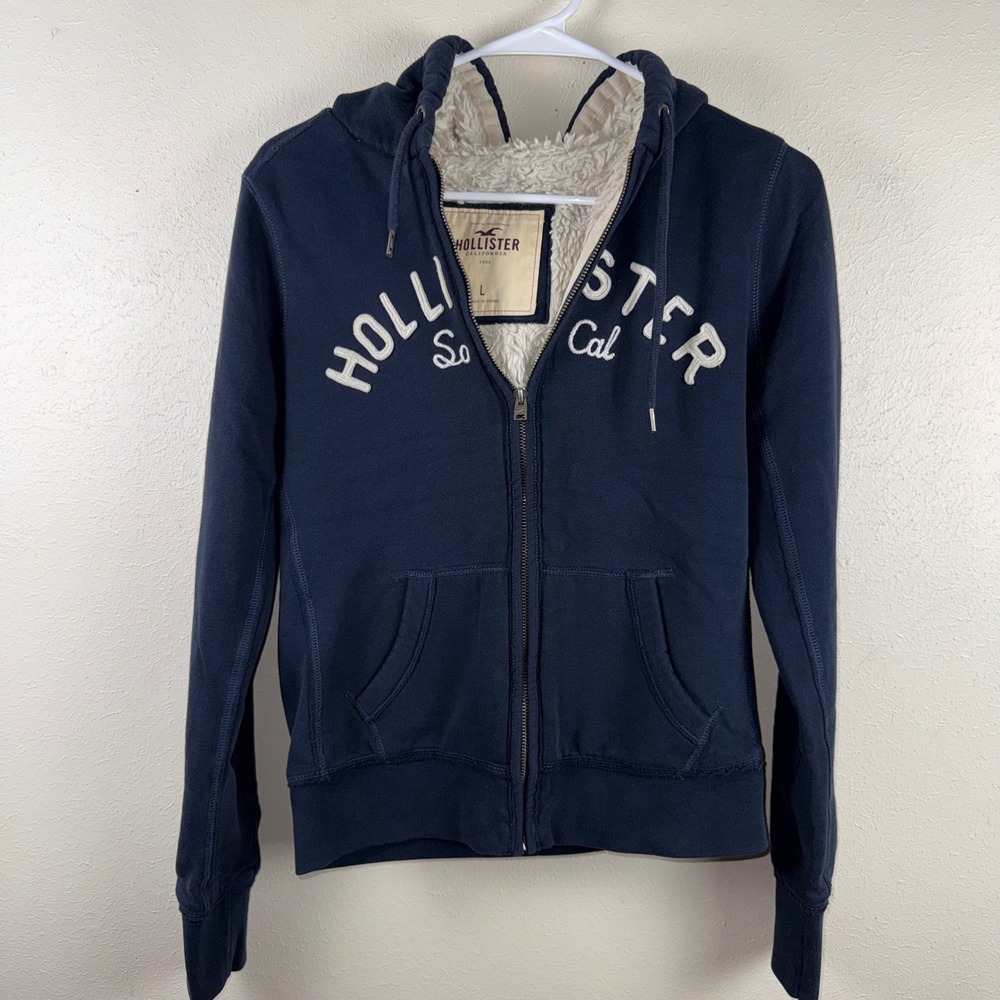 Hollister Vintage Y2K Navy Blue Sherpa Lined Zip Up Hoodie Women's Size Large
